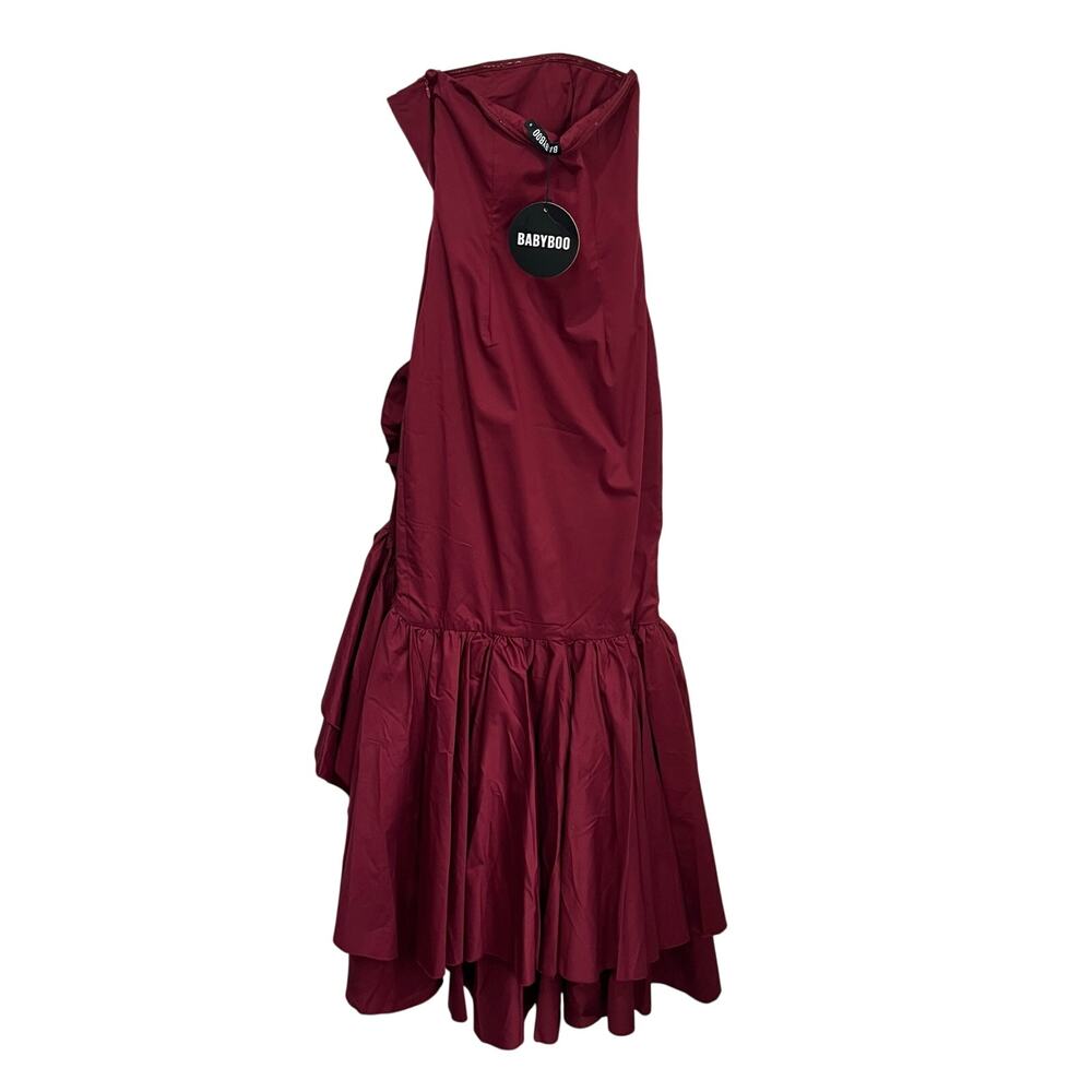 Babyboo Angelina Strapless Ruffle Maxi Dress NWT Burgundy Formal Gown Sz Small - Picture 3 of 12